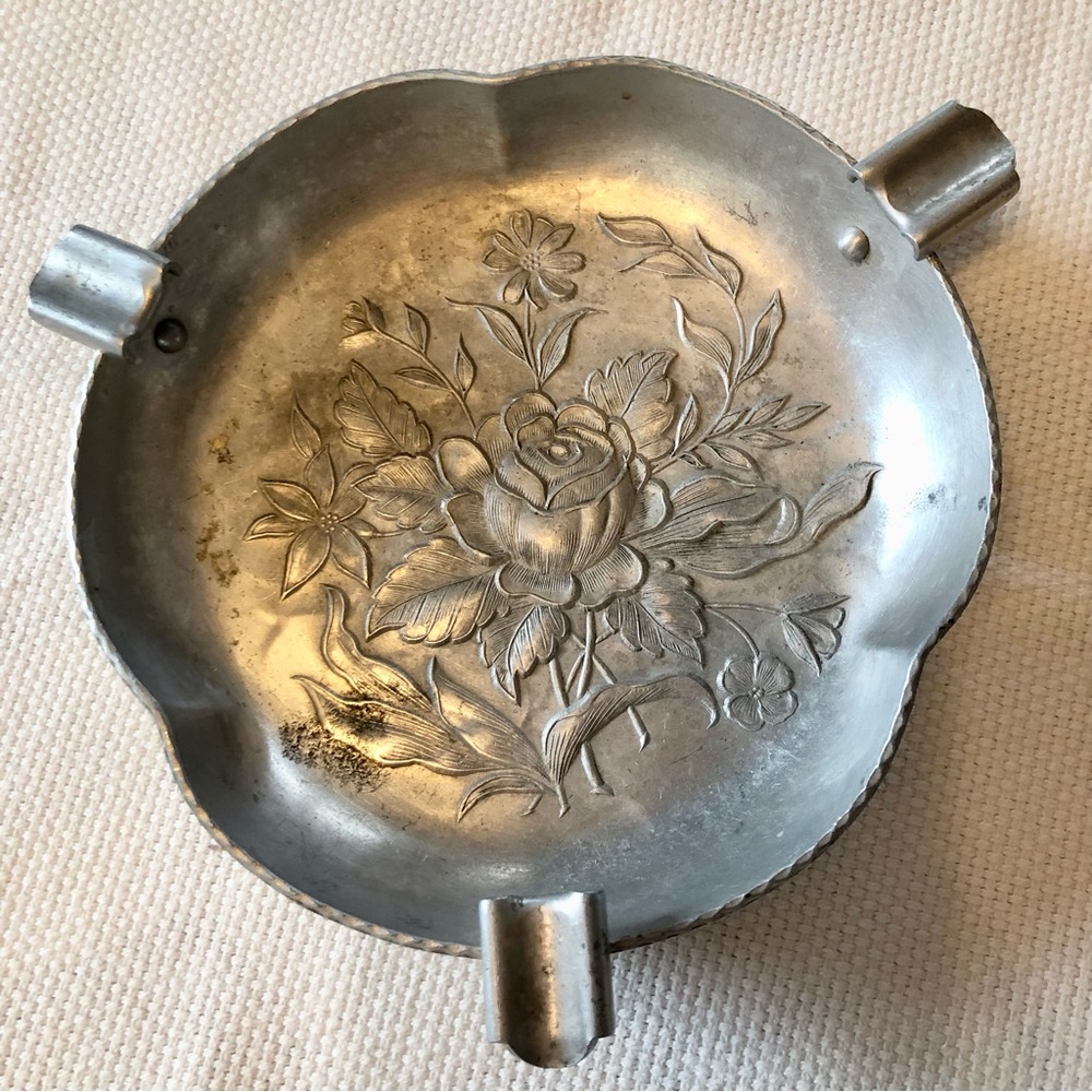 Vintage forged aluminum Roses Floral Ashtray by Everlast 1950's